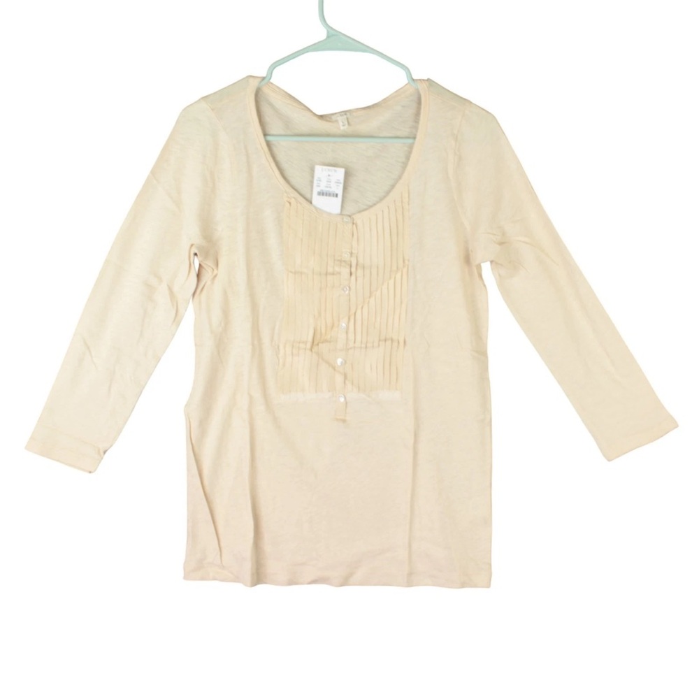 NWT J.Crew Blouse Top Size L Beige Ruffle Crew Neckline Long Sleeves Breathable